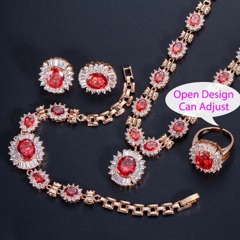 CANDICE Dubai Wedding 4 Pieces Set Elegant Red Zirconia Paved Yellow Gold Plated Engagement Party Ring Earrings Bracelet Necklace Sets for Women
