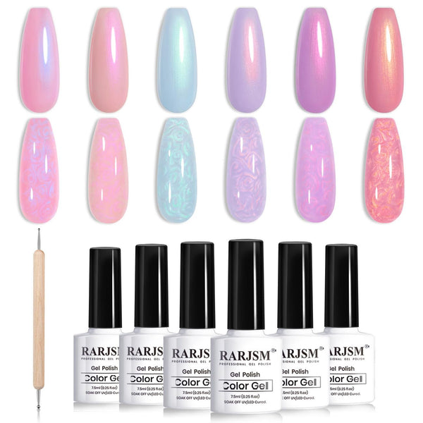 Pearlescent Gel Nail Polish Set Mermaid Dreams Iridescent Shell Glitter Gel Polish 6 Colors Pink Blue Green Purple Gold Shimmer Swirl Thread Effect Soak off LED UV Curing Requires Home Salon