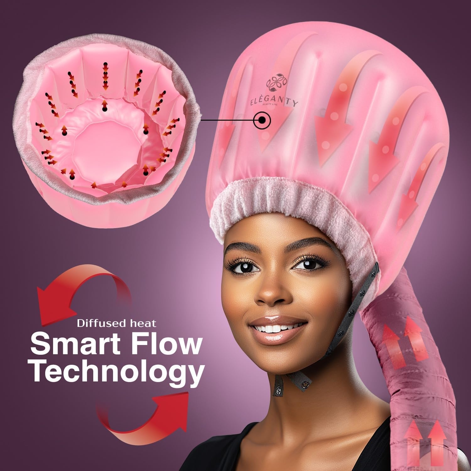Bonnet Hairdryer Attachment - Integrated Elastic Headband That Reduces Heat around Ears & Neck - Hooded Hair Dryer Diffuser Cap - Easy to Use for Deep Conditioning and Fast Hair Drying (Rose Gold)