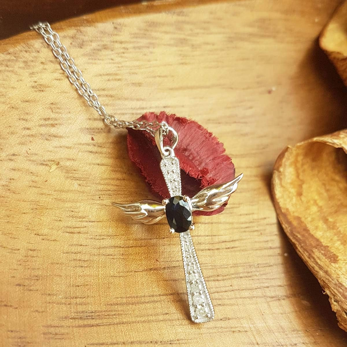 6X4 MM Oval Gemstone & round Diamond Angel Cross Pendant (Silver Chain Included), Sterling Silver