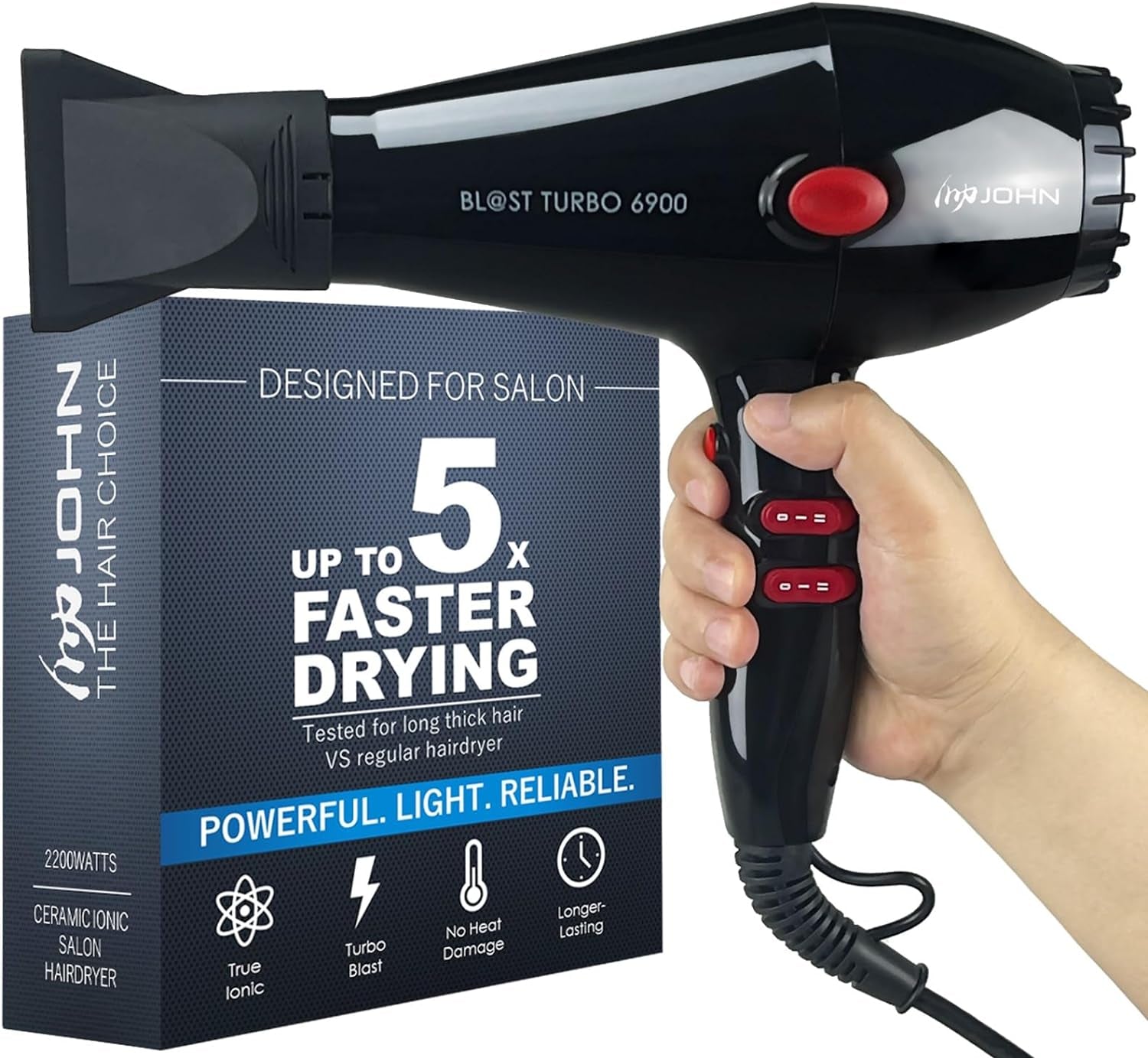 Super Fast Drying Hair Dryer, Ionic 2200W Professional Salon Blow Dryer, 2 Concentrator Nozzles, Blast Turbo 6900, Black