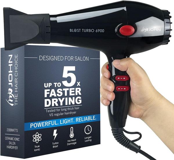 Super Fast Drying Hair Dryer, Ionic 2200W Professional Salon Blow Dryer, 2 Concentrator Nozzles, Blast Turbo 6900, Black