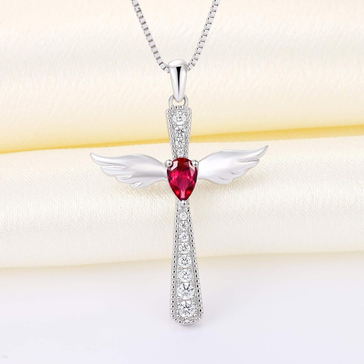 Cross Necklace 925 Sterling Silver Angel Wings Pendant Teardrop Birthstone Criss Jewelry for Women