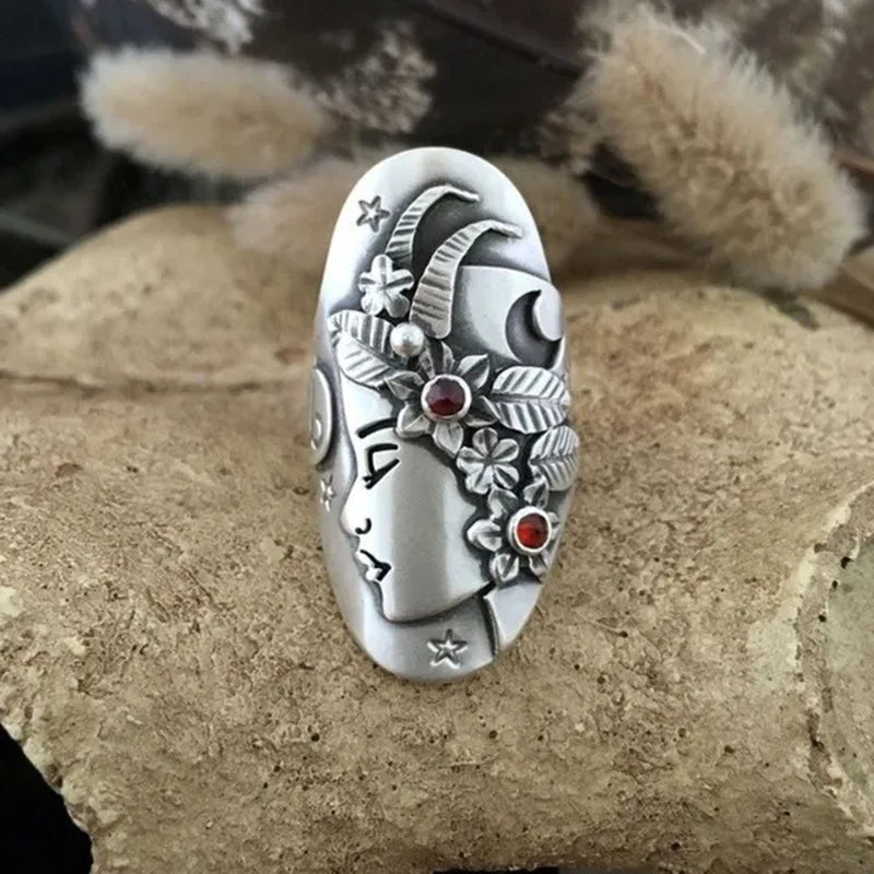 Vintage 925 Serling Silver Goddess Side Face Star Ruby Women'S Ring