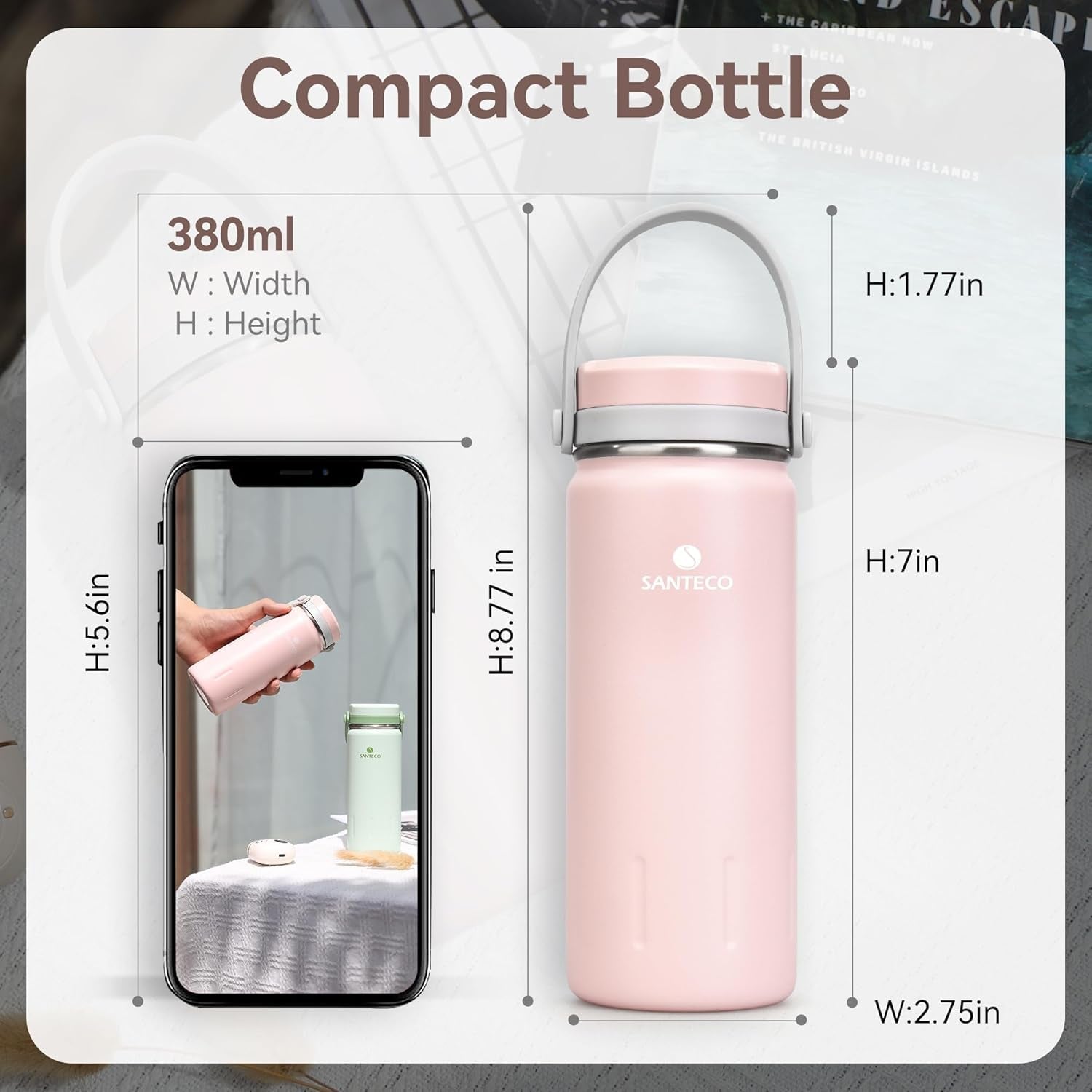 13Oz Wide Mouth Vacuum Insulated with Handle, Stainless Steel Water Bottle with Leakproof Sloseable Lid for Cold Water Drinks, Sports, Travel, Car and Yoga