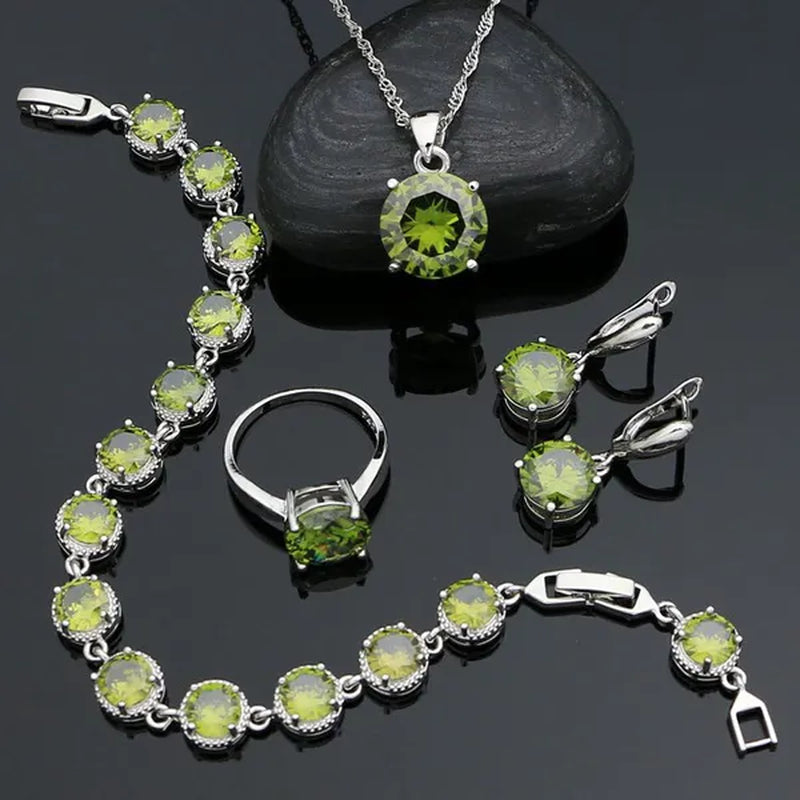 925 Sterling Silver Jewelry Set Olive Green Cubic Zirconia Retro Earrings Ring Pendant Necklace Bracelet 4Pcs for Bride