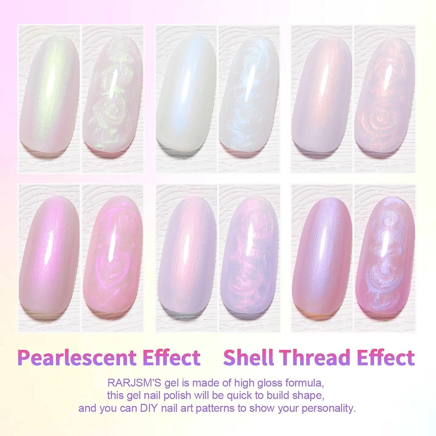 Pearl White Gel Nail Polish Set Iridescent Mermaid Shell Glitter Gel Polish 6 Light Colors Purple Blue Pink Red Gold Shimmer Multichrome Swirl Thread Effect Soak off LED UV Curing Requires