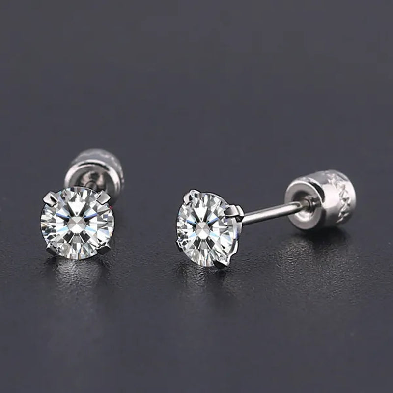 1Pc/1Pairs Silver Plated Cubic Zirconia Stud Earrings for Women Men Stainless Steel Jewelry Size: 2-6Mm