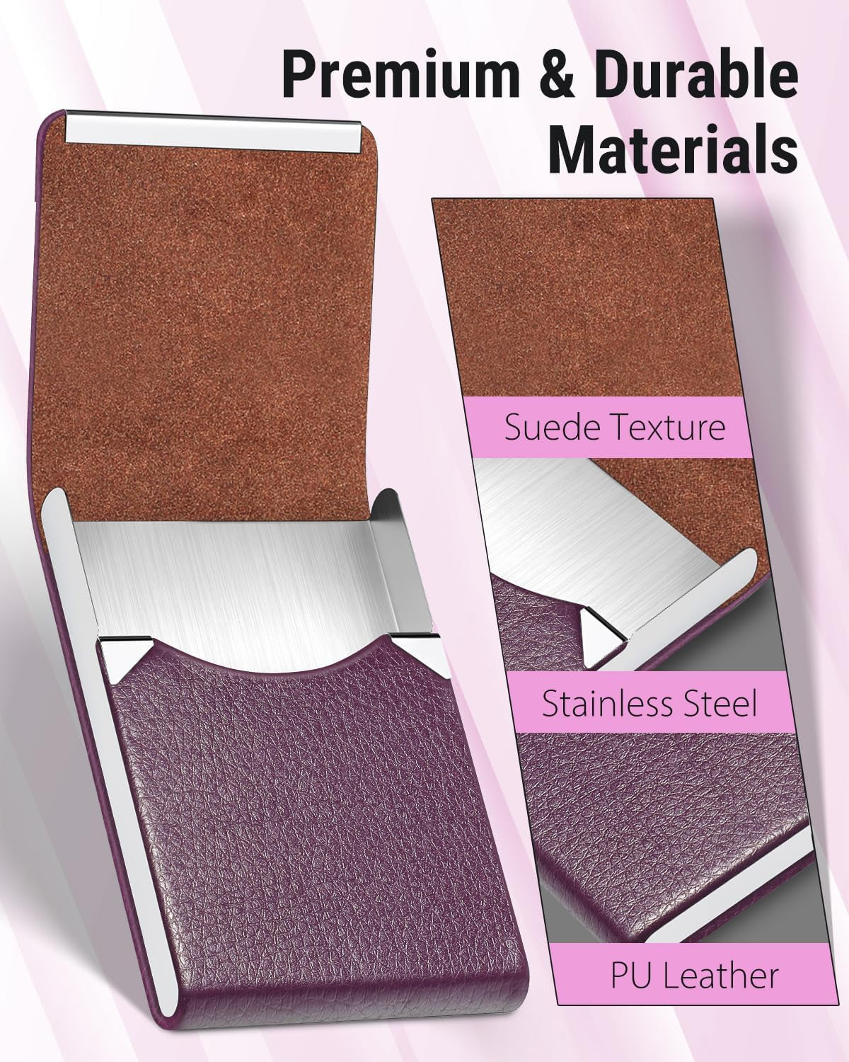 Business Card Holder, PU Leather & Stainless Steel Business Card Case for Men or Women, Slim Name Cards Holder RFID Blocking Credit Cards Carrier with Magnetic Closure, Purple