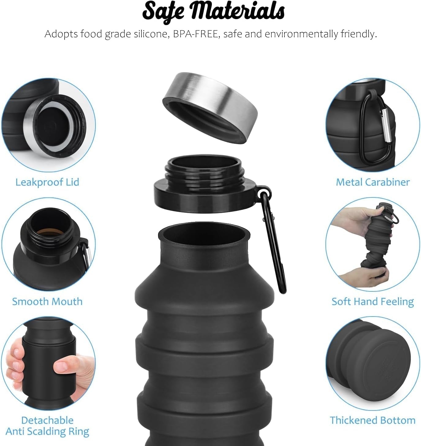 Collapsible Water Bottle, Reuseable BPA Free Silicone Foldable Water Bottles for Travel Gym Camping Hiking, Portable Leak Proof Sports Water Bottle with Carabiner
