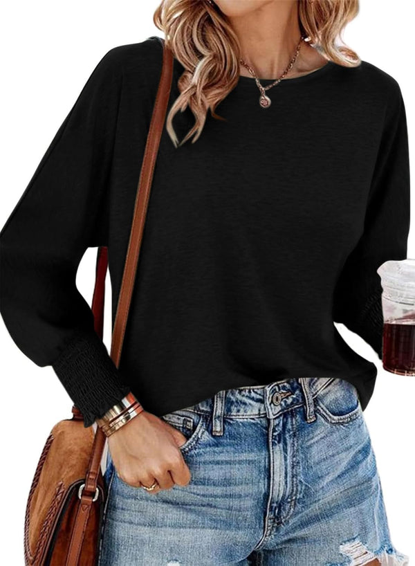 Womens Long Sleeve Tops Fall Outfits 2024 Dressy Casual Crew Neck Tee Shirts Smocked Loose Top Tunic Blouse