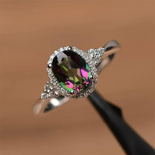 Mystic Topaz Ring Oval Cut Promise Engagement Ring Solid Sterling Silver Ring Rainbow Gemstone Birthstone Ring