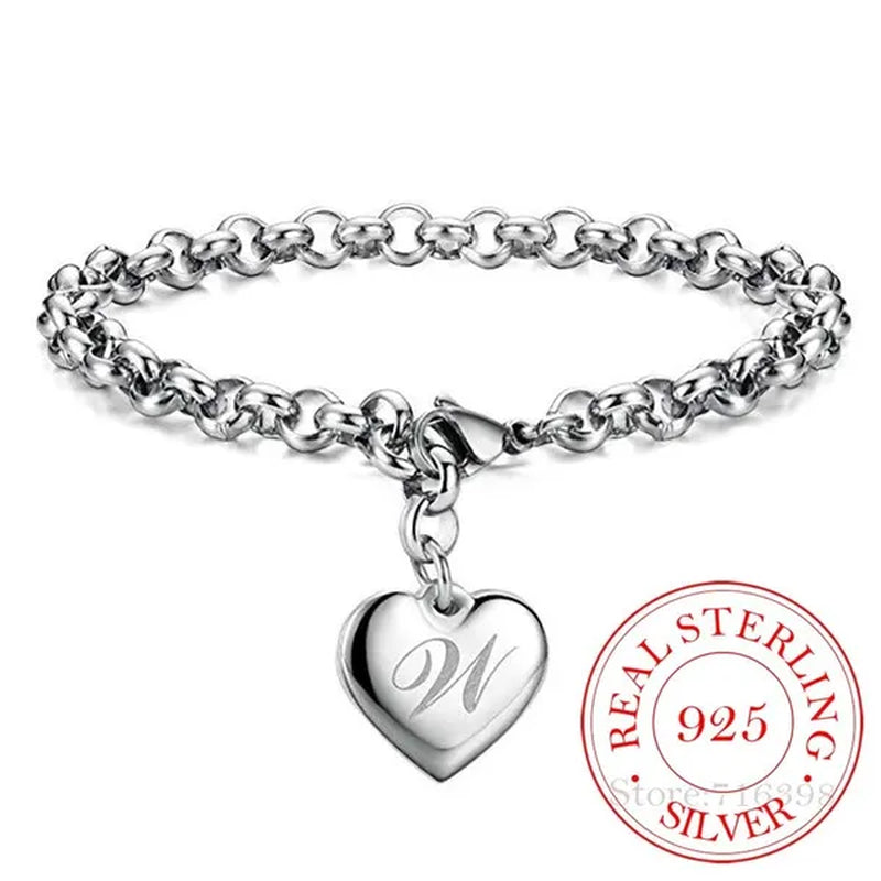 Punk Design 925 Sterling Silver A-Z Letter Heart Charm Bracelets & Bangles for Women Fine Jewelry Pulseras Mujer Moda 2020