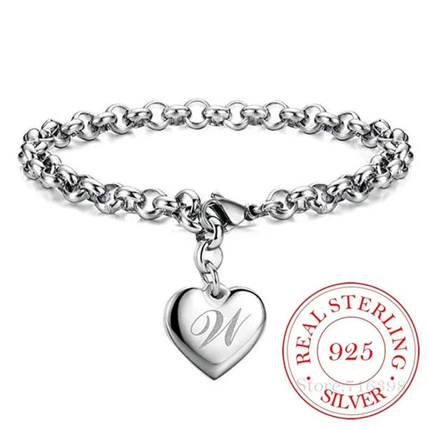 Punk Design 925 Sterling Silver A-Z Letter Heart Charm Bracelets & Bangles for Women Fine Jewelry Pulseras Mujer Moda 2020