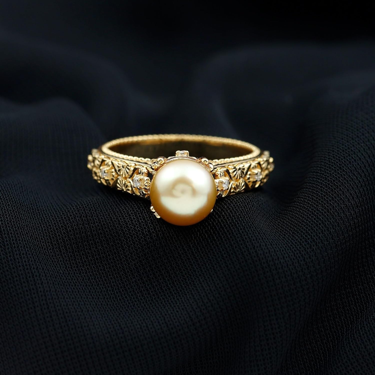 Real Golden Pearl Diamond Engagement Ring, AAA Quality, South Sea Pearl Flower Ring - Ready to Gift