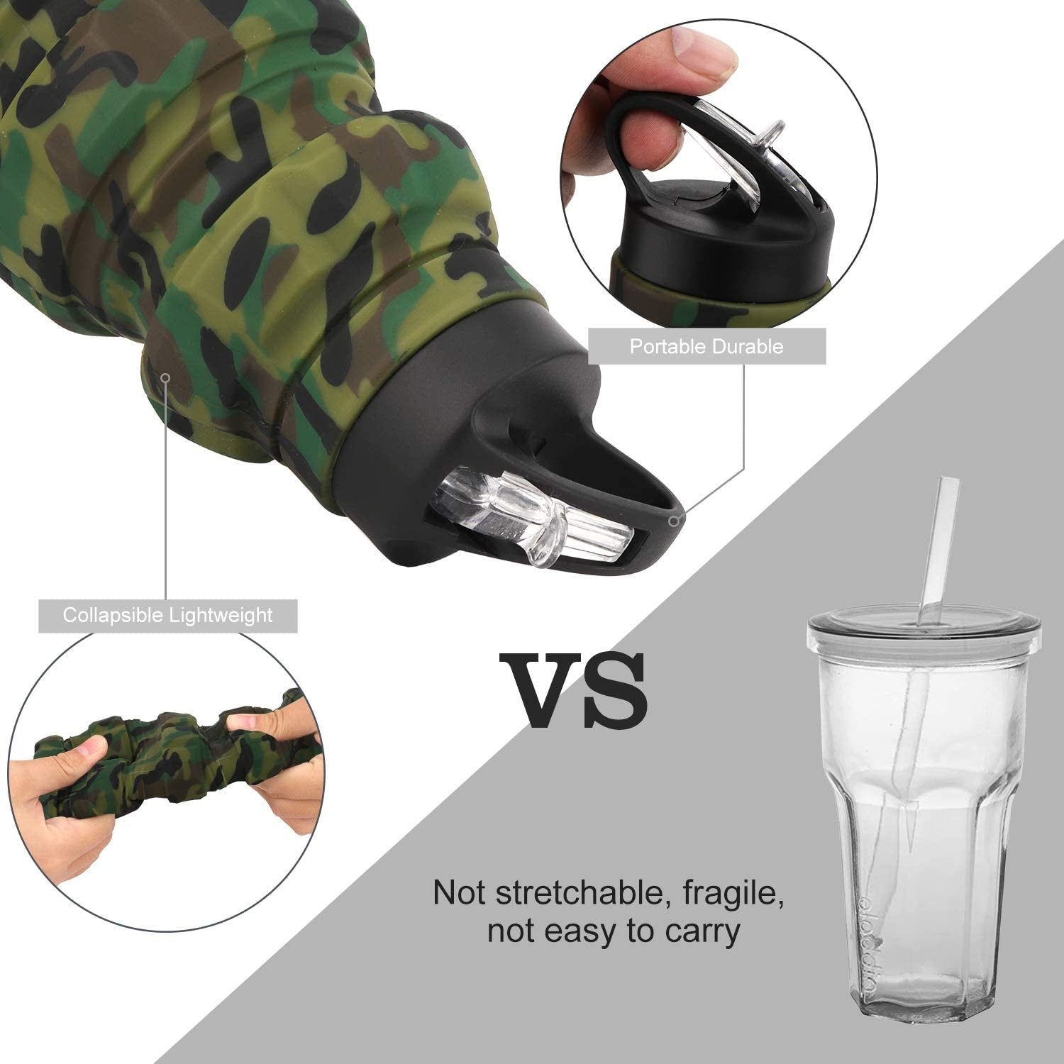 Collapsible Travel Water Bottle19.6 Oz, Reuseable Silicone Foldable Water Bottles for Gym Camping Hiking, Portable Leak Proof Sports Water Bottle with Carabiner (Army Green Camouflage)