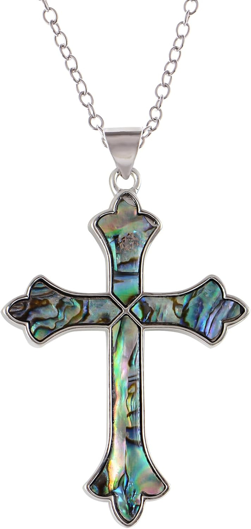 Vintage Inspired Silvery Tone Abalone Shell Religious Cross Pendant Necklace