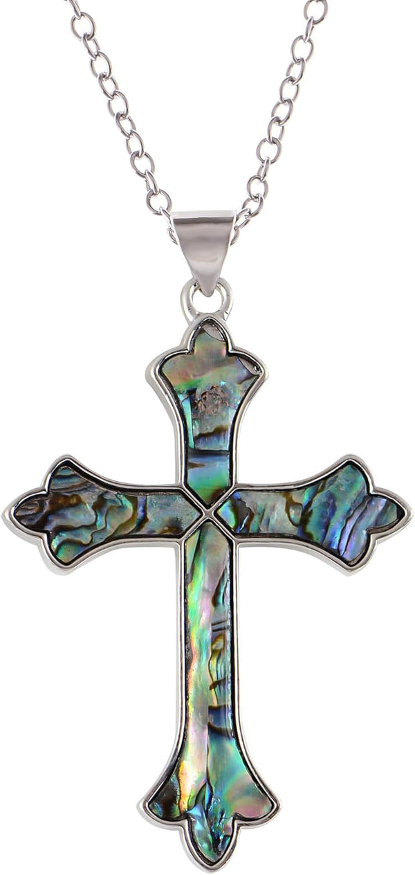 Vintage Inspired Silvery Tone Abalone Shell Religious Cross Pendant Necklace