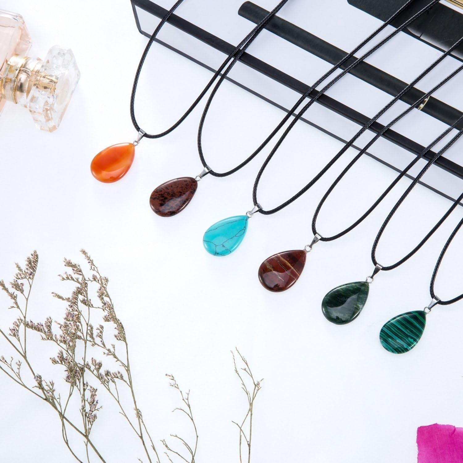 20 Pieces Stone Pendants Water Drop Shape Beads Crystal Quartz Stone Charm with 18 Inch Imitation Leather Cord Chain for Necklace Jewelry Making