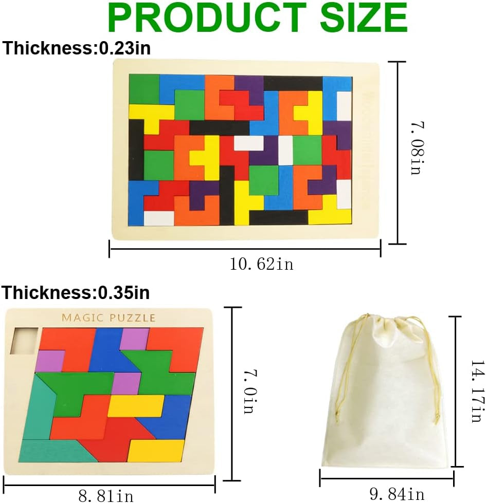 2 Pack Wooden Puzzle Blocks Geometric Tangram + Russian Blocks Puzzle for Kids & Adults, Intelligence Brain Teasers Toy Wooden Puzzle for All Ages Challenge STEM Educational Gift for Children