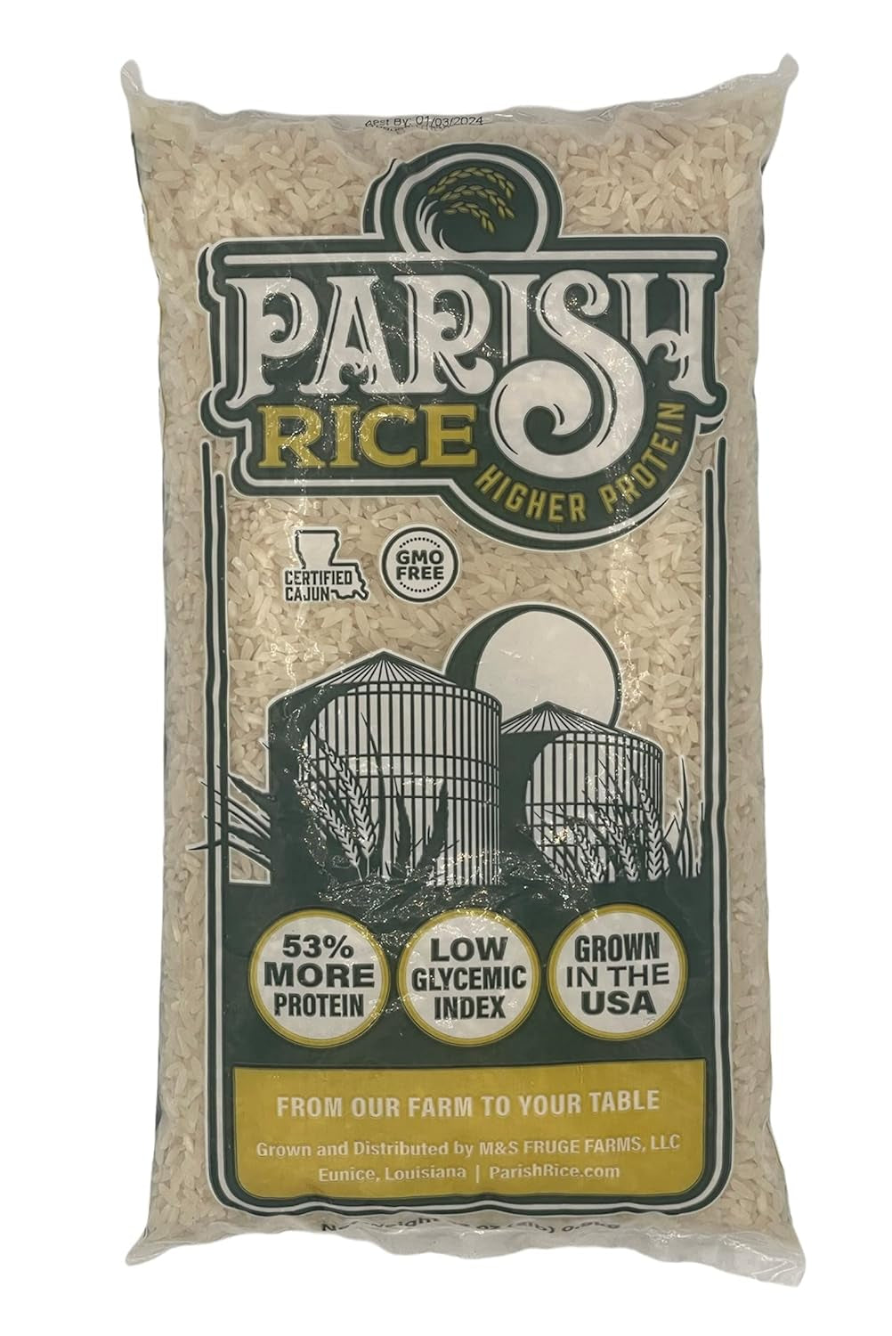 Parish White Rice – High-Protein Rice with Low Glycemic Index – Locally Grown Long-Grain White Rice – Made in the USA – Rich Nutrient Content – Ideal for Curry, Desserts, Stir-Fry – 2Lb Bag