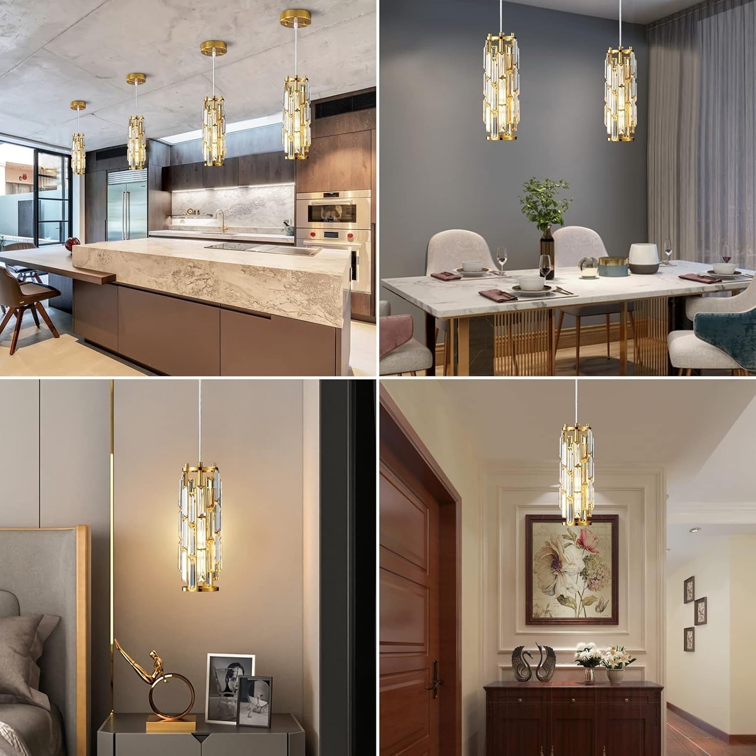 Pendant Lighting Modern Pendant Light, Mini Crystal Chandeliers,Adjustable Pendant Light Fixture for Kitchen Island Dinning Room Bedroom (Gold, 1-Light)