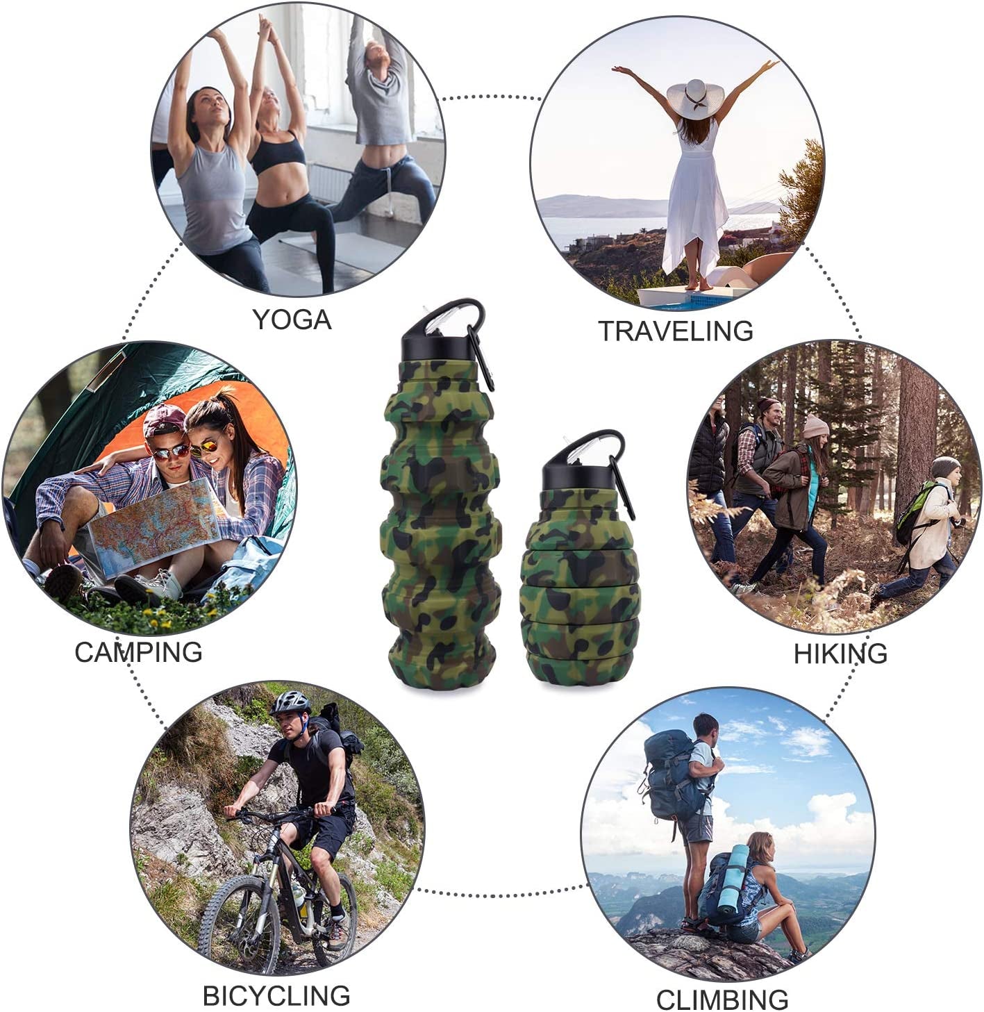 Collapsible Travel Water Bottle19.6 Oz, Reuseable Silicone Foldable Water Bottles for Gym Camping Hiking, Portable Leak Proof Sports Water Bottle with Carabiner (Army Green Camouflage)