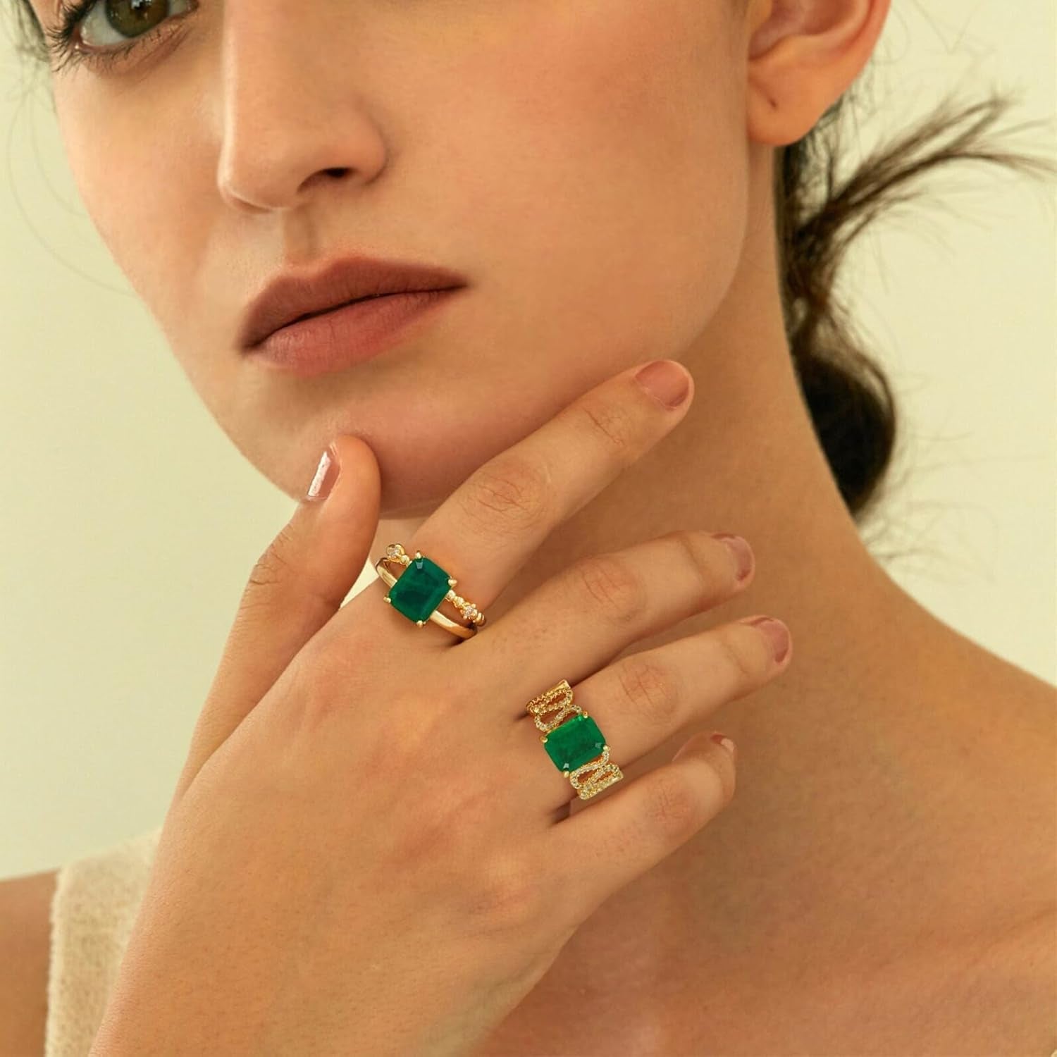 Gold Simulated Emerald Rings 14K Gold Plated Rings for Women Dainty Green Rings Stacking Ring Statement Ring Cut Simulated Emerald Gemstones CZ Gold Rings Band Size 6 to 8