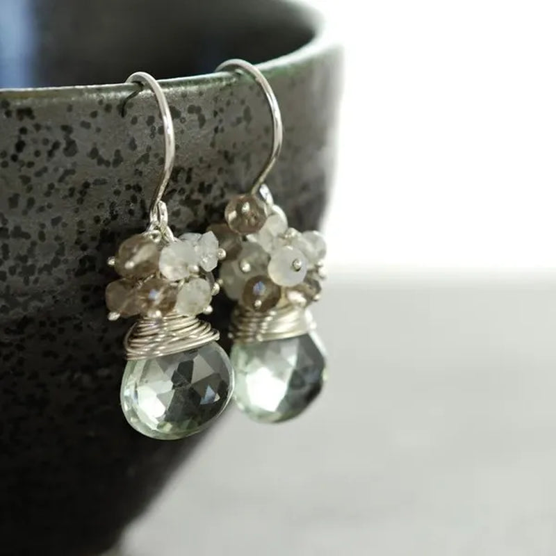 Sterling Silver Gemstone Cluster Earrings, Green Amethyst Moonstone Smoky Quartz, Handmade Earrings,