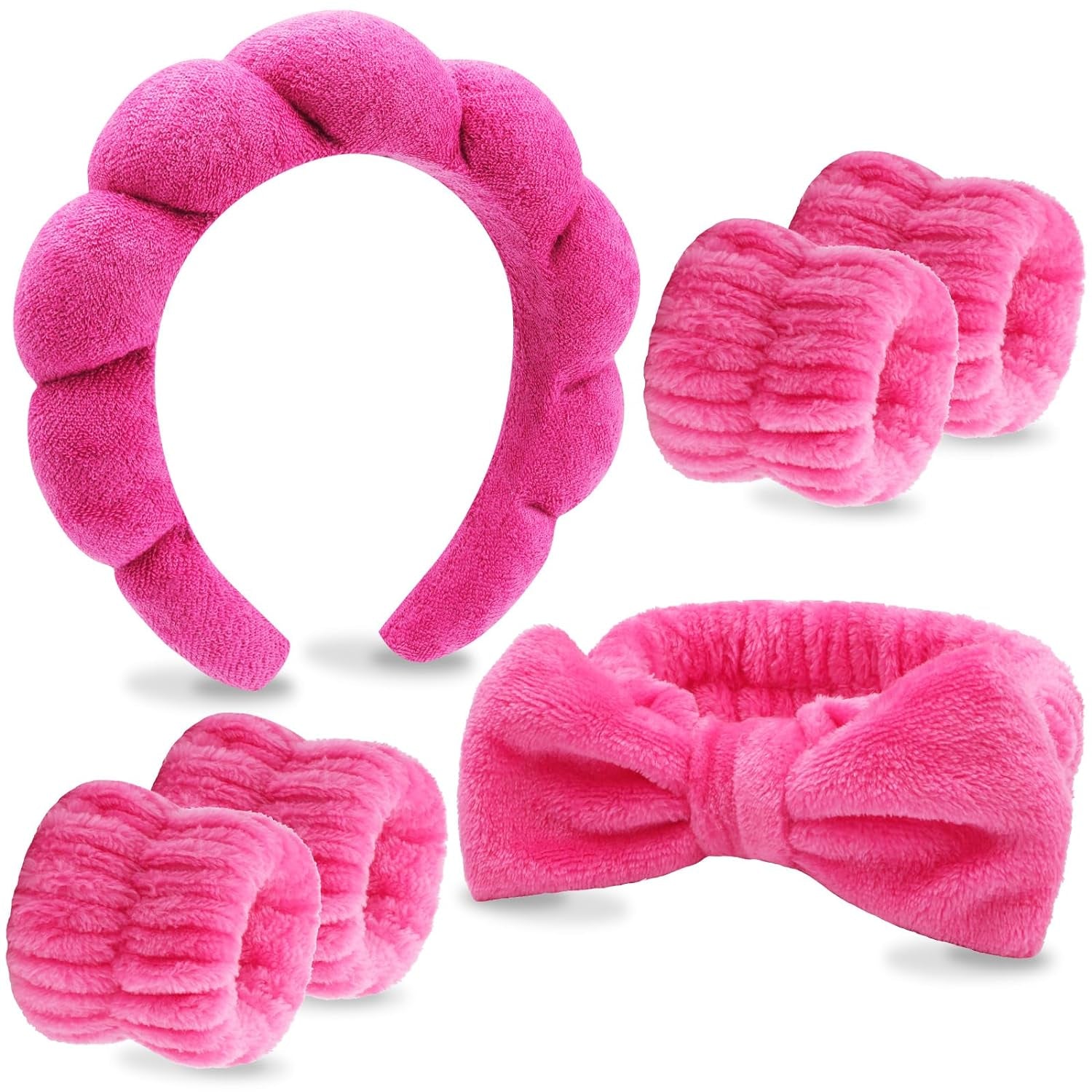 6 Pack Makeup and Skincare Headbands - Rose Pink Sponge Hair Bands, Bow Tie Wristbands for Face Washing, Women'S Hair Accessories