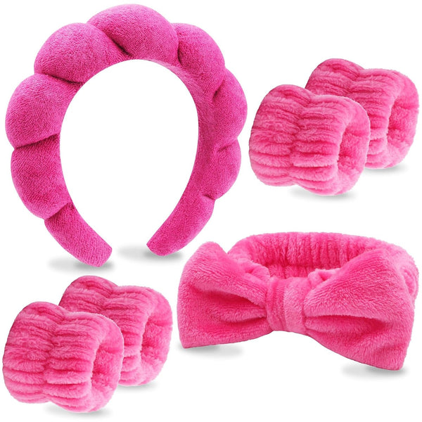 6 Pack Makeup and Skincare Headbands - Rose Pink Sponge Hair Bands, Bow Tie Wristbands for Face Washing, Women'S Hair Accessories