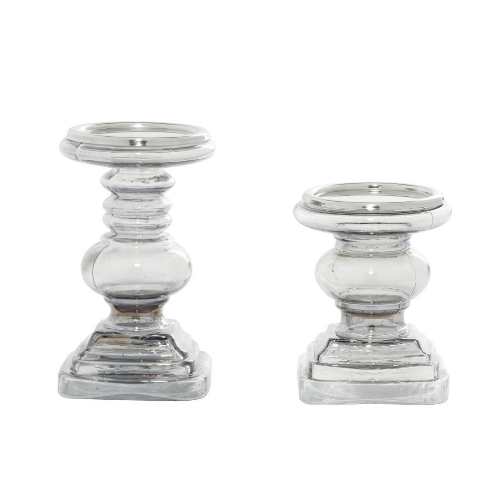 Silver Glass Handmade Turned Style Pillar Candle Holder (Set of 2)