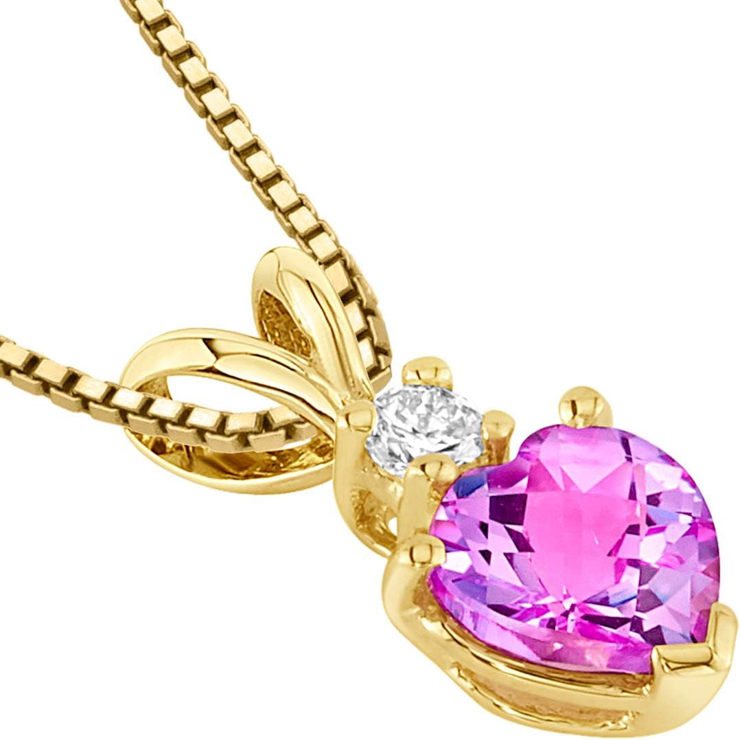 Created Pink Sapphire with Genuine Diamond Pendant in 14 Karat Yellow Gold, Heart Shape Solitaire, 6Mm, 1.15 Carats Total, September Birthstone Necklace, Sparkling Sapphire Jewelry