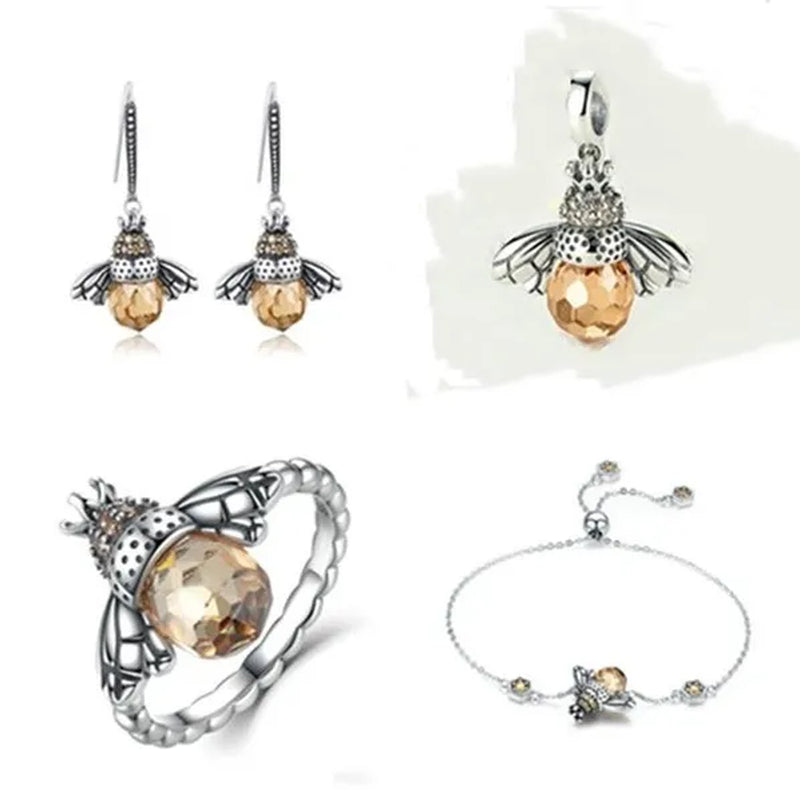 Popular Elegant Bee Design Gemstone Topaz Pendant Necklace/Earring/Ring/Bracelet 925 Silver Jewelry Set Mother's Day Gifts