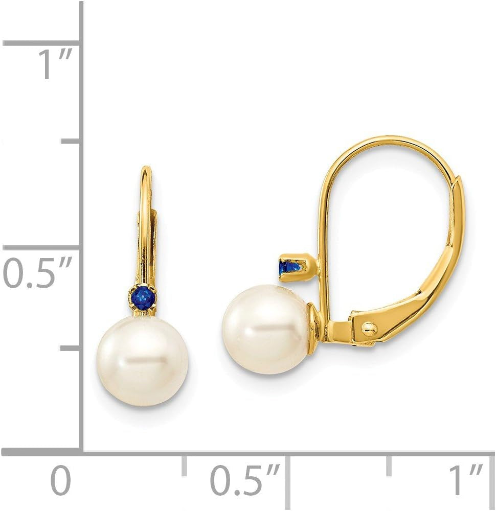 14K Yellow Gold 5-5.5Mm White round FW Cultured Pearl Sapphire Leverback Earrings