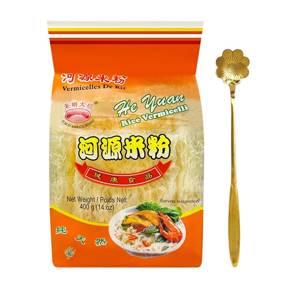 Rice Vermicelli Noodles, He Yuan Thin Rice Noodles, Maifun Rice Great for Traditional Thai, Vietnamese, Chinese, Japanese Stir Fry & Soups 14Oz (400 G) 1 PACK + 1 Steel Spoon