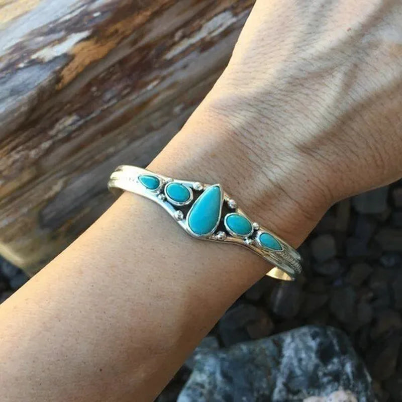 Women Vintage Jewelry  Soild Sterling  Natural Gemstone Turquoise Bracelet Adjustable Wedding Engagement Jewelry