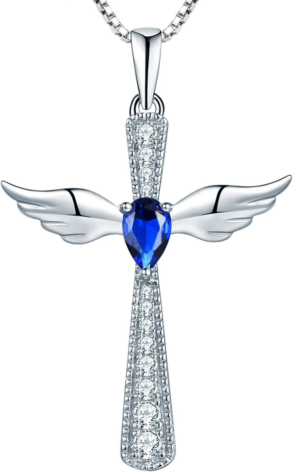 Cross Necklace 925 Sterling Silver Angel Wings Pendant Teardrop Birthstone Criss Jewelry for Women