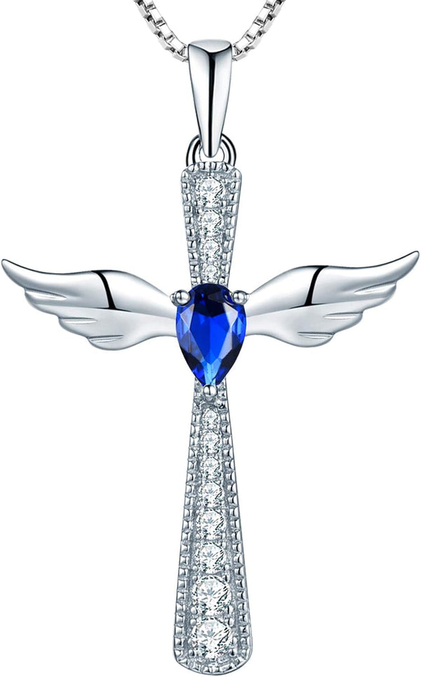 Cross Necklace 925 Sterling Silver Angel Wings Pendant Teardrop Birthstone Criss Jewelry for Women