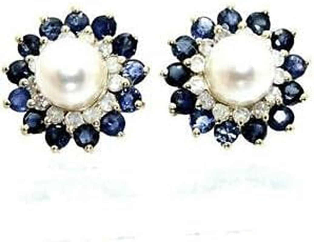 Vintage 14K Yellow Gold Plated 1.36 Ct Sapphire Pearl Diamond Floral Stud Earrings