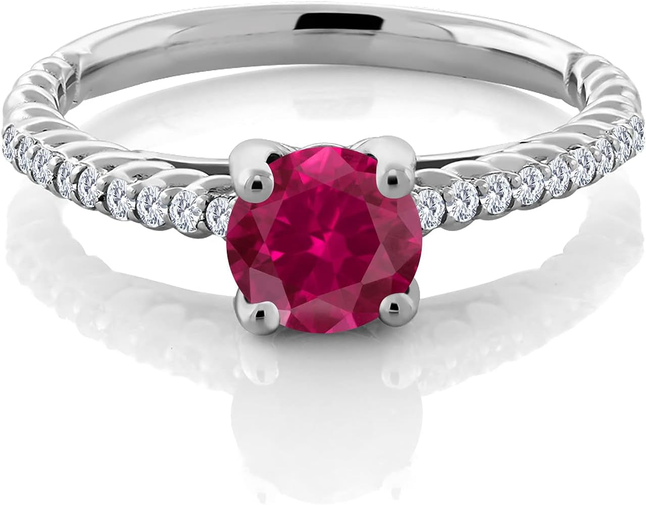 925 Sterling Silver Red Created Ruby and White Moissanite Engagement Ring for Women (1.73 Cttw, round 7MM, Available in Size 5, 6, 7, 8, 9)