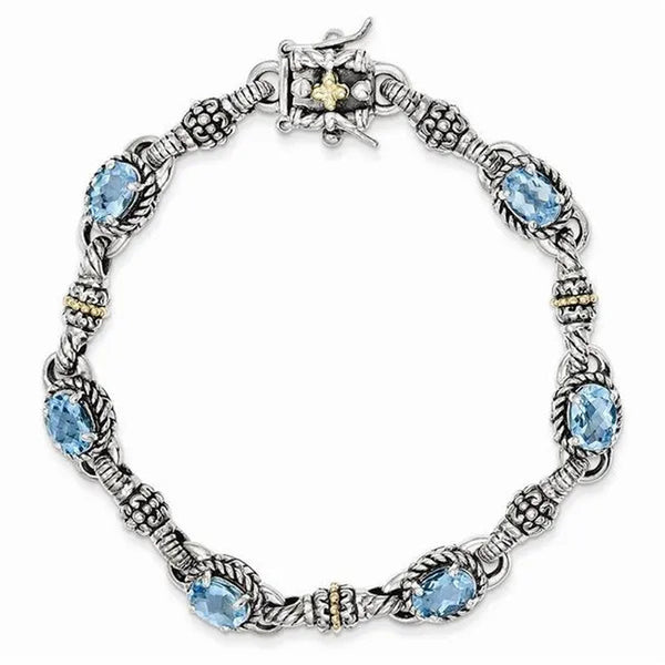 Shey Couture QTC407 Sterling Silver with 14K Yellow Gold Swiss Blue Topaz Bracelet - Polished & Antiqued