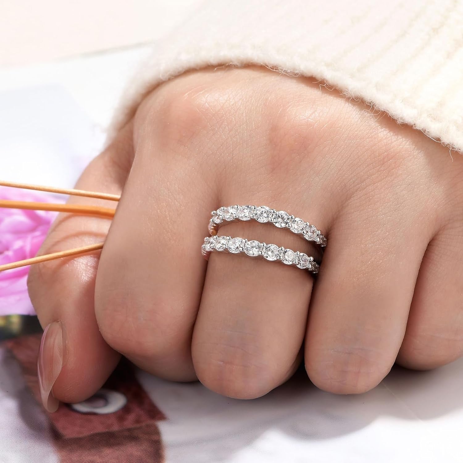 Ring Enhancer for Engagement Rings Two Row Sterling Silver Wedding Bands for Women Stackable Cubic Zirconia