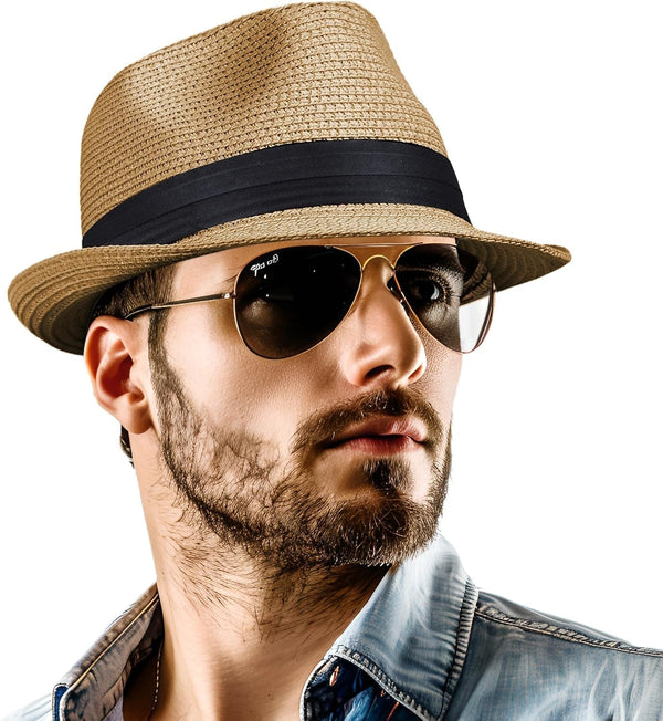Straw Fedora Hat for Women Men Packable Short Brim Roll up Trilby Hat Panama Summer Beach Sun Hat UPF 50+