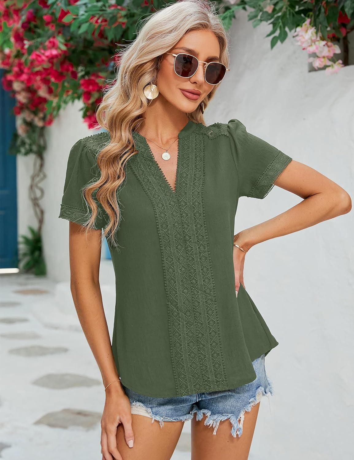 Womens Dressy Casual Blouses Short Sleeve V Neck Business Tops Summer Ladies Trendy Boho Office Work Shirts