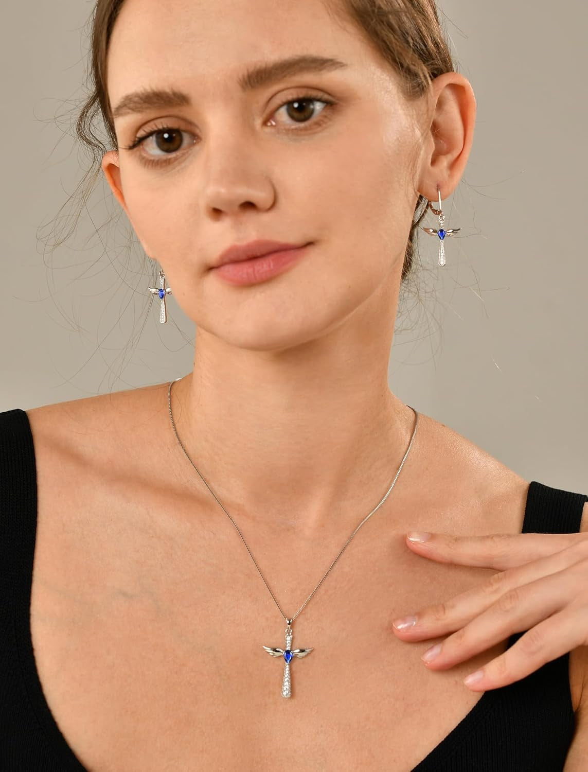 Cross Necklace 925 Sterling Silver Angel Wings Pendant Teardrop Birthstone Criss Jewelry for Women