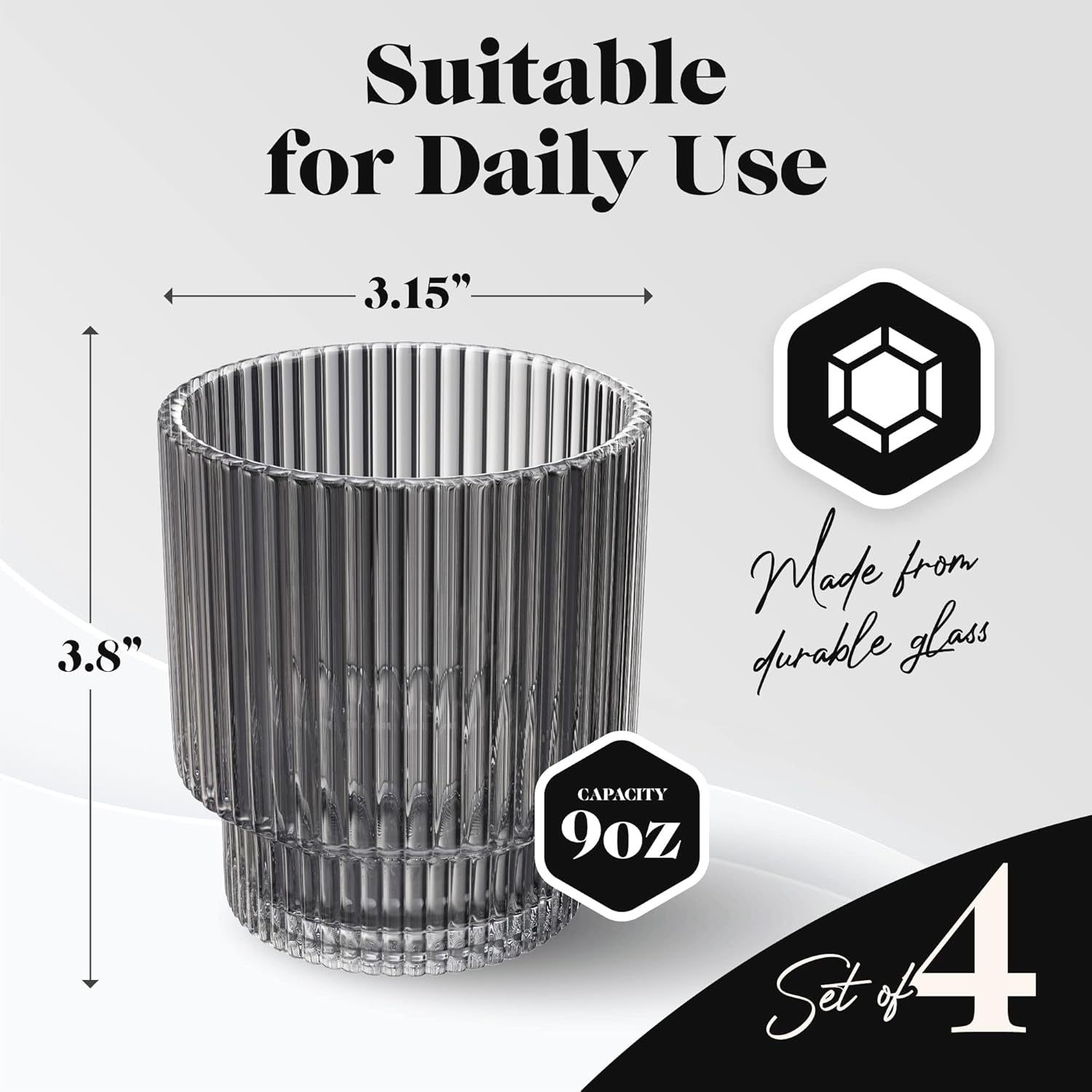 Ribbed Lowball Glass Cup for Whiskey (Smoke Grey)