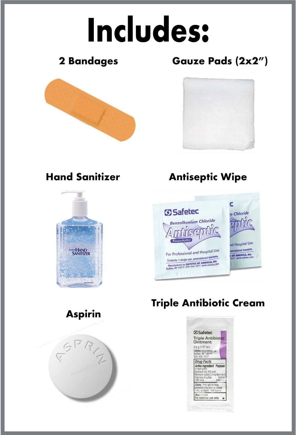 First-Aid Kit Single Use Portable Kit with Bandages, Gauze Pads, Hand Sanitizer, Antiseptic Wipe, Triple Antibiotic Cream, Aspirin Pills - 1 Unit