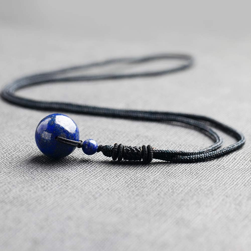 Unisex Genuine round Beads Gemstone Pendant Necklace Black Rope Chain 24 Inch for Men Women