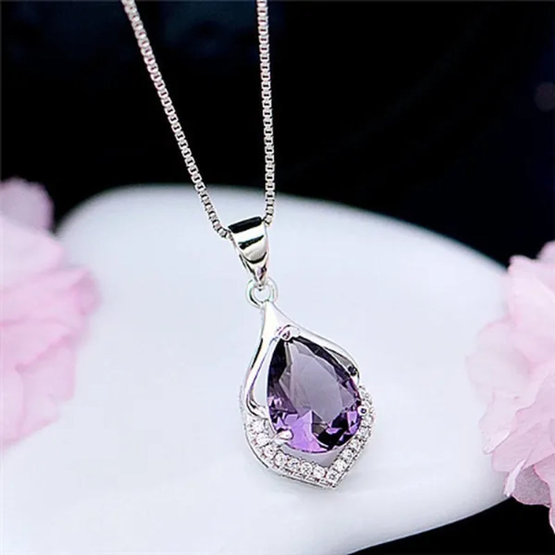Fashionable and Noble 925 Pure Silver Diamond Lady Necklace Long Pendant Elegant Natural Amethyst Clavicle Chain